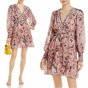 NWT OPT Floral Puff Long Sleeve Smocked Empire Waist V-Neck Ruffled Mini Dress S
